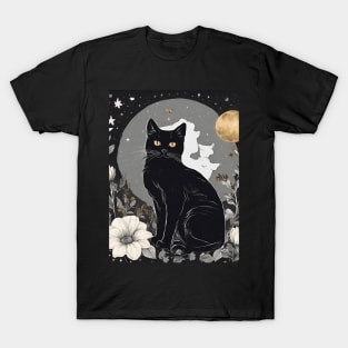 Mystical Black Cat and Moon Floral T-Shirt